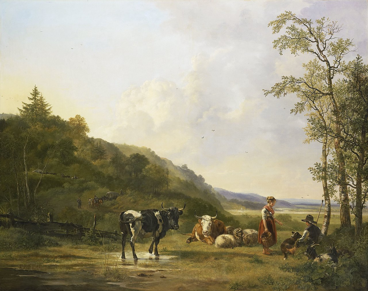 Landscape with Shepherd, Shepherdess and Cows by Pieter Gerardus van Os