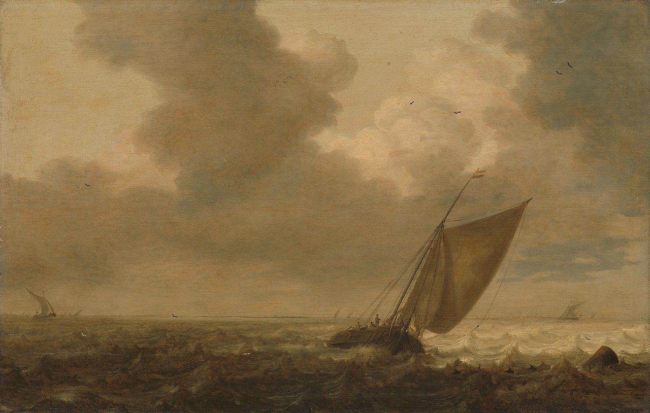 Fishing boat with the wind in the sails by Pieter Mulier the Elder