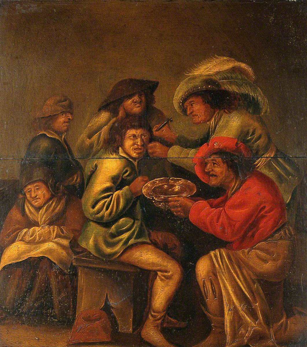 An Operator Extracting pierres de tête from behind a Man's Ear, with Four Other People in Attendance by Pieter Quast