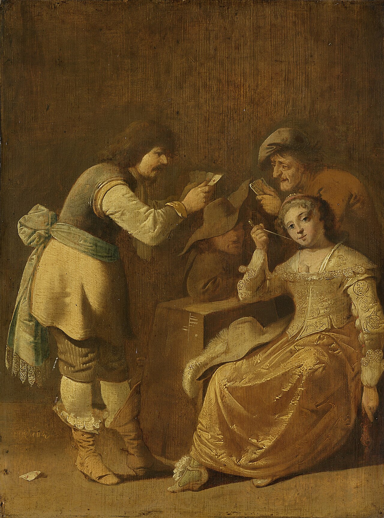 Card players with woman smoking a pipe by Pieter Quast
