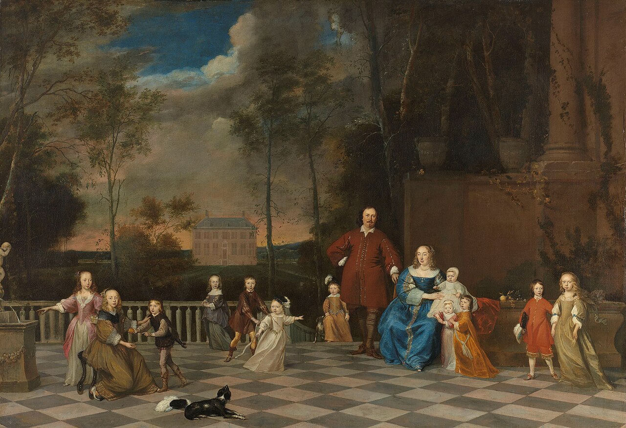 Portrait of the Amsterdam merchant Jeremias van Collen (1608-1676), with his wife and their twelve children by Pieter van Anraedt