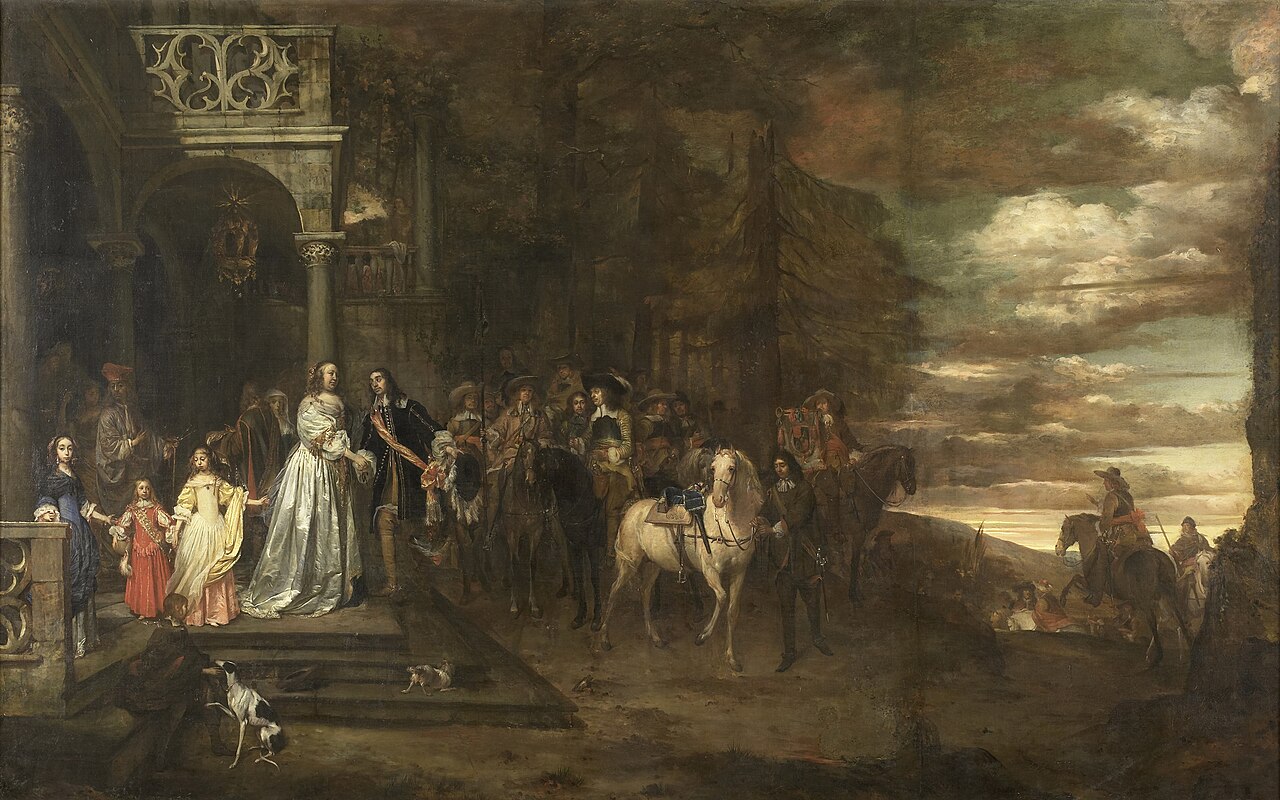The leavetaking of Captain Hendrik de Sandra (1619-1707), sent off by his wife and children by Pieter van Anraedt