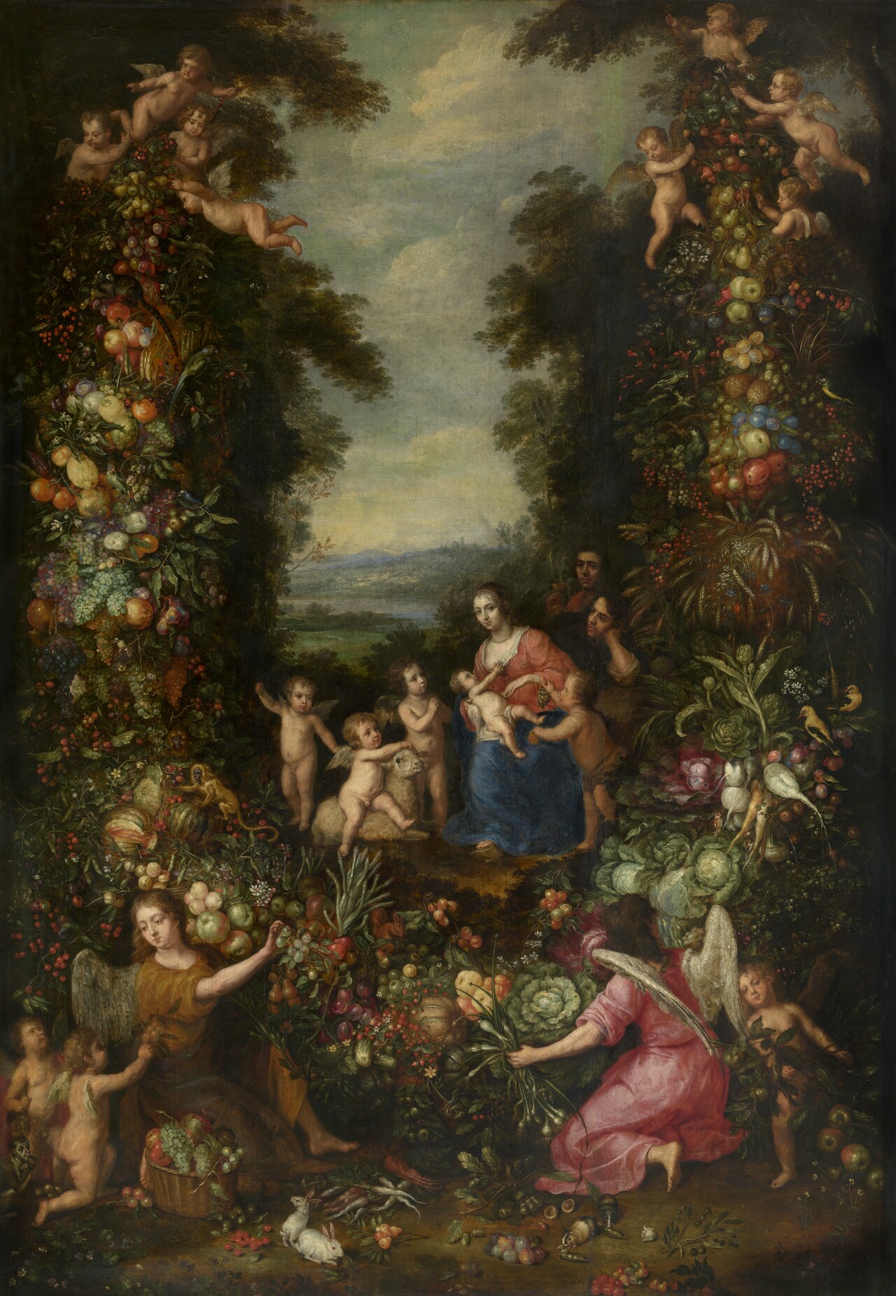 Holy Family in a Garland with Flowers, Vegetables, and Fruit by Pieter van Avont