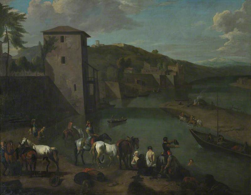 A Riverside Town with High Embankment Walls, Figures Bathing and Traders with their Horses on the Mudflats by Pieter van Bloemen