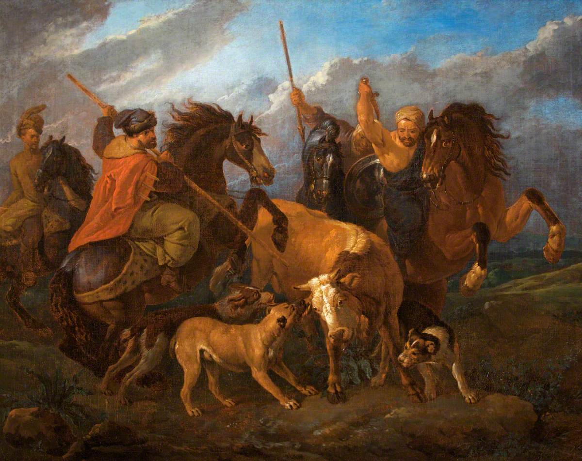 Horsemen and Dogs Hunting a Bull by Pieter van Bloemen