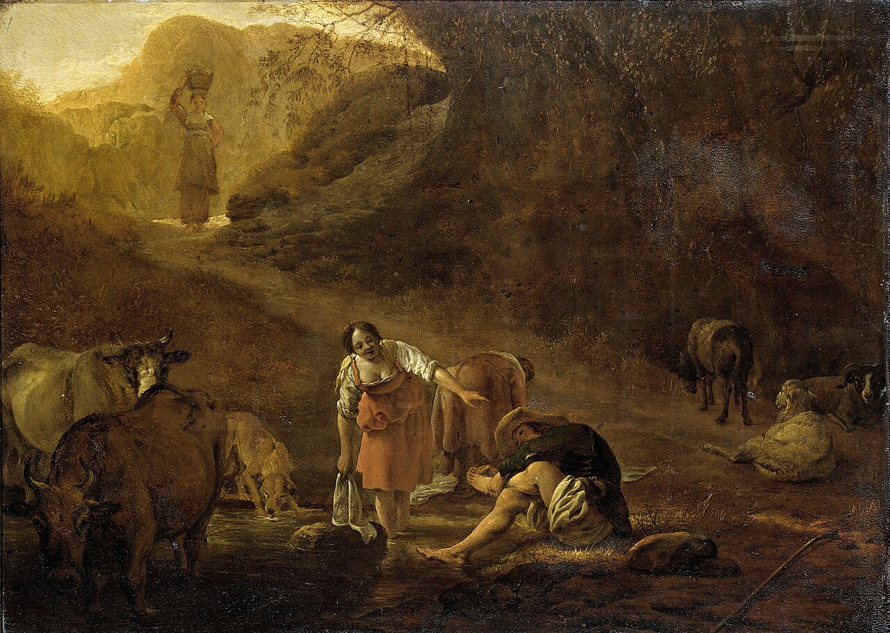 A shepherd and washerwomen at a spring by Pieter van Laer