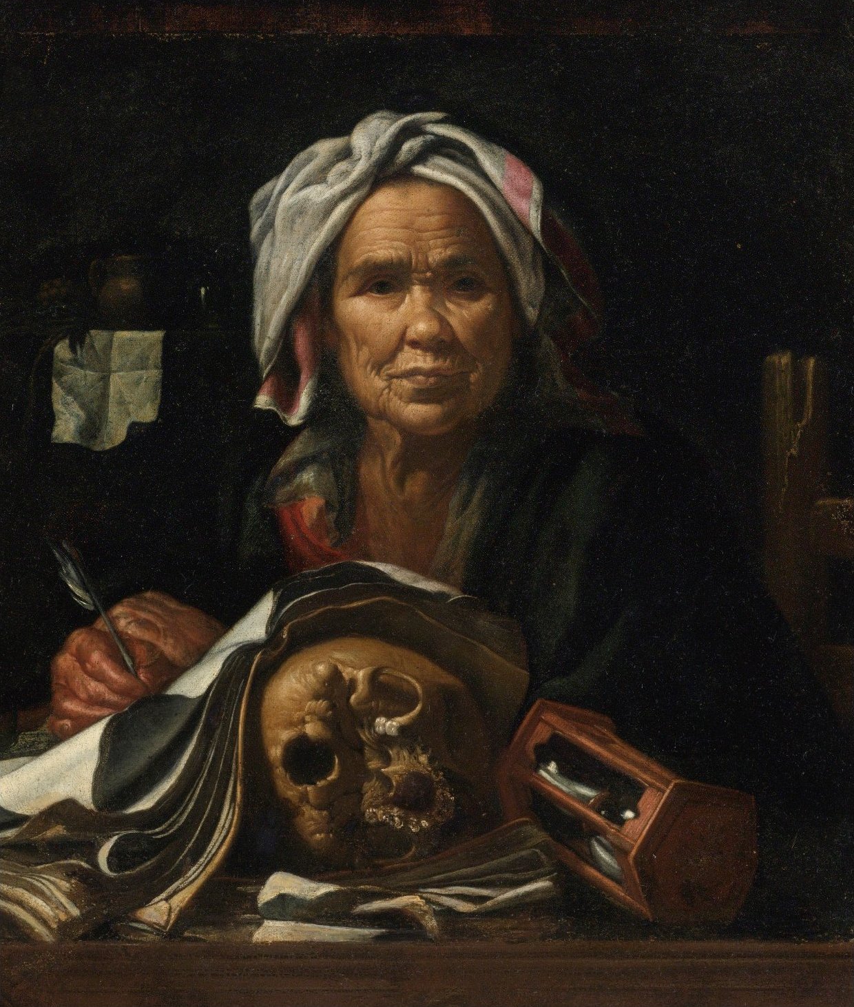 An Old Philosopher at Her Desk, with a Vanitas Skull and an Hourglass by Pietro Bellotti