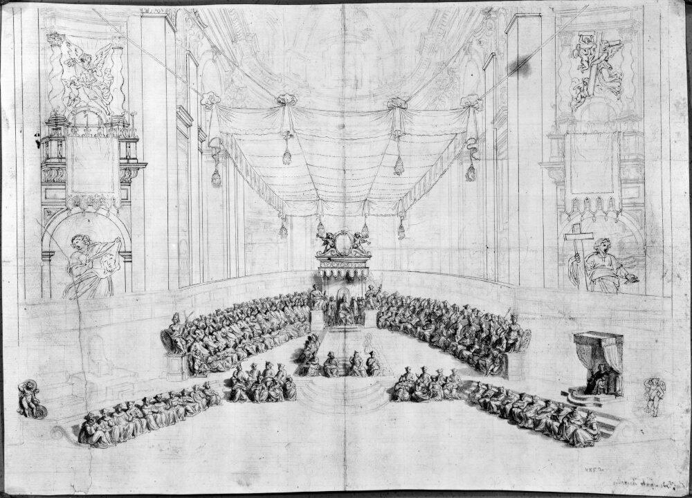 Queen Christina attends the canonisation of S. Pietro d´Alcantara and S. Maria Maddalena de Pazzi on 28 April 1669 in St. Peter´s, Rome by Pietro Santi Bartoli