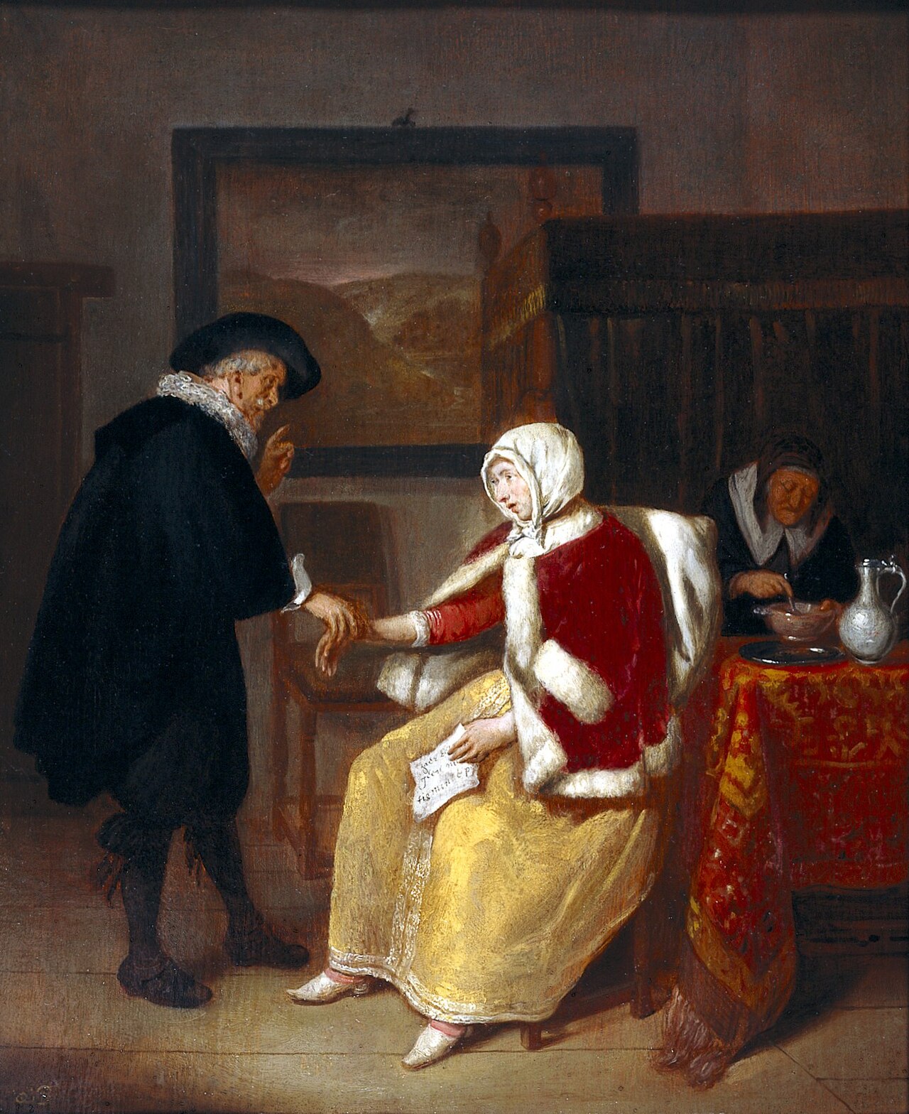 A physician taking the pulse of a young woman, while an old maid prepares gruel for her. by Quirijn van Brekelenkam