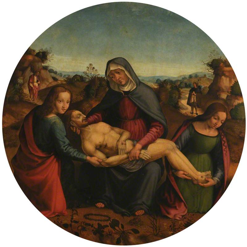 The Lamentation of Christ with Saint John and Saint Mary Magdalen (in the background Saint James, left, and Saint Roch, right, as pilgrims) by Raffaello Botticini