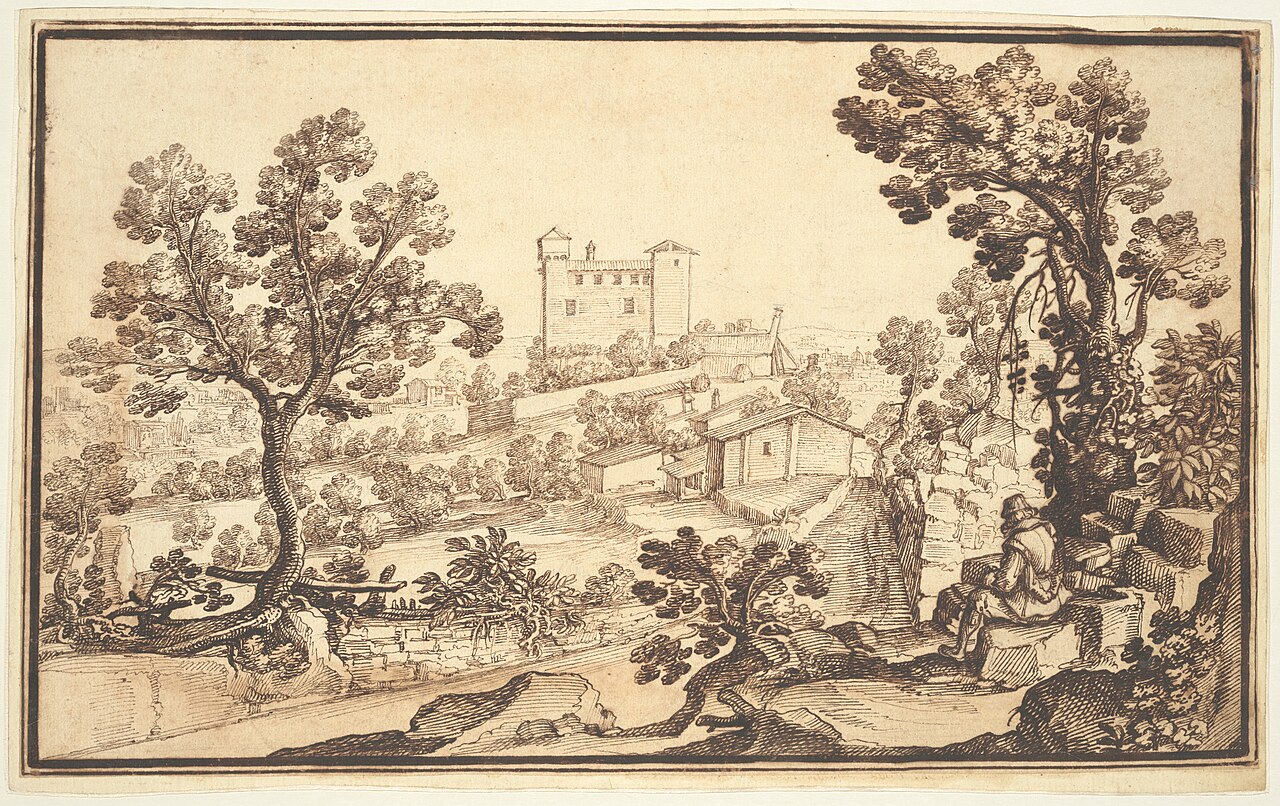 Landscape with a Man Resting, Farm Houses, and a Castle by Remigio Cantagallina
