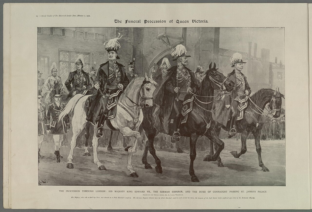 "The procession through London His Majesty King Edward VII., the German Emperor, and the Duke of Connaught passing St. James's Palace" by Richard Caton Woodville Jr.