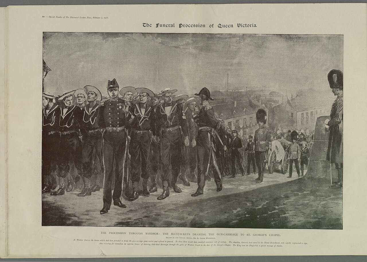 The procession through Windsor the Bluejackets drawing the gun-carriage to St. George's Chapel by Richard Caton Woodville Jr.