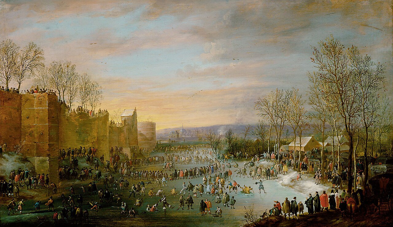 Ice skating on the city moat of Brussels with Archduke Leopold Wilhelm watching by Robert van den Hoecke