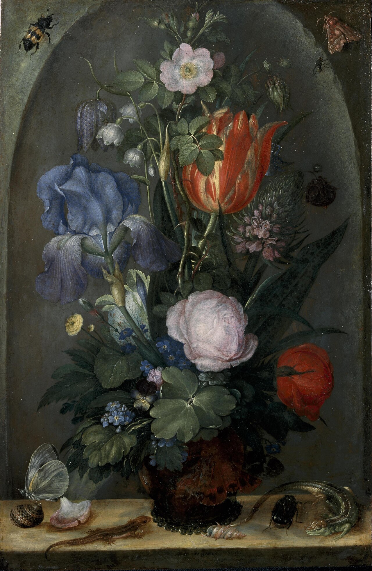 Bouquet of flowers with two Lizards by Roelant Savery
