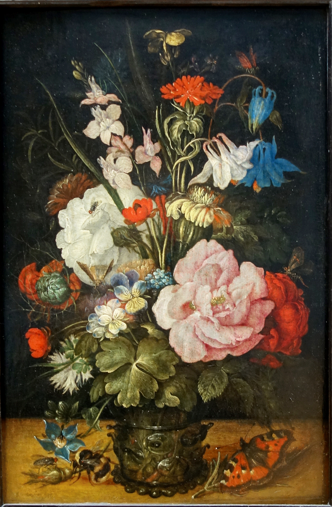 Flowers in a roemer with a butterfly and a bumble bee by Roelant Savery
