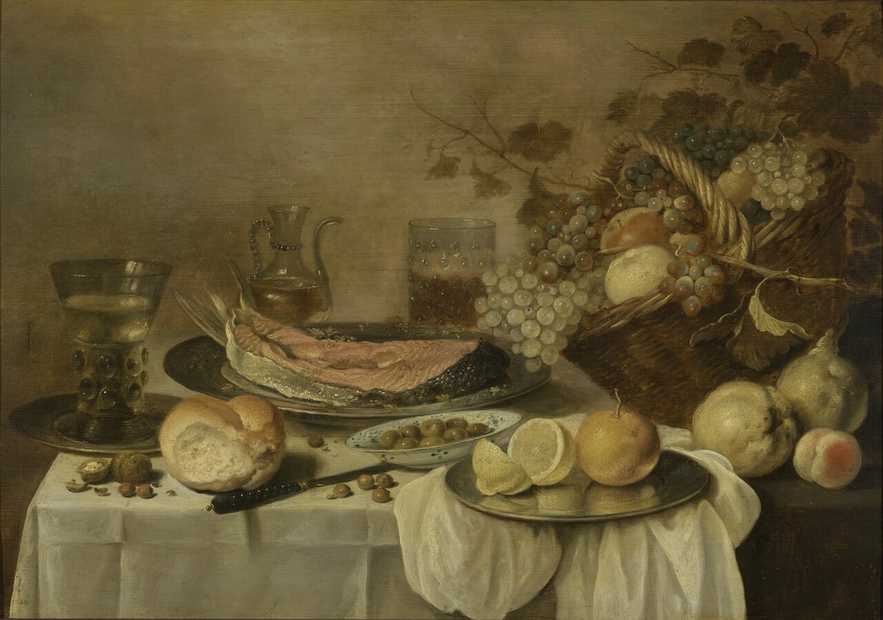 Still life with salmon and fruit basket by Roelof Koets