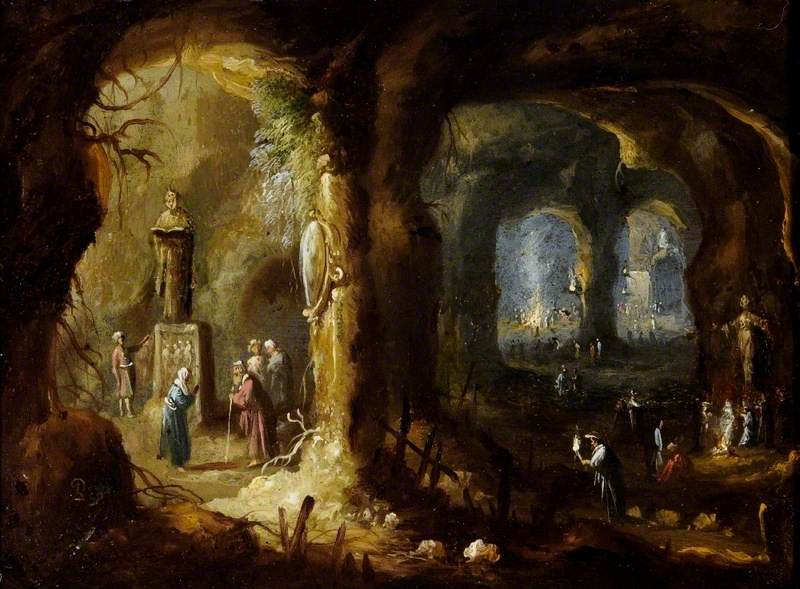 Grotto with Statues and Numerous Figures Worshipping Idols by Rombout van Troyen