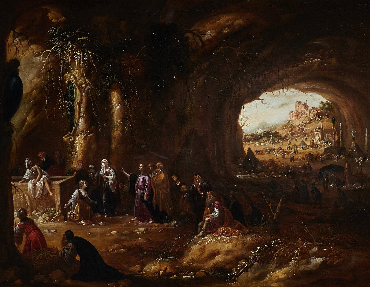 Interior of a grotto with the raising of Lazarus by Rombout van Troyen