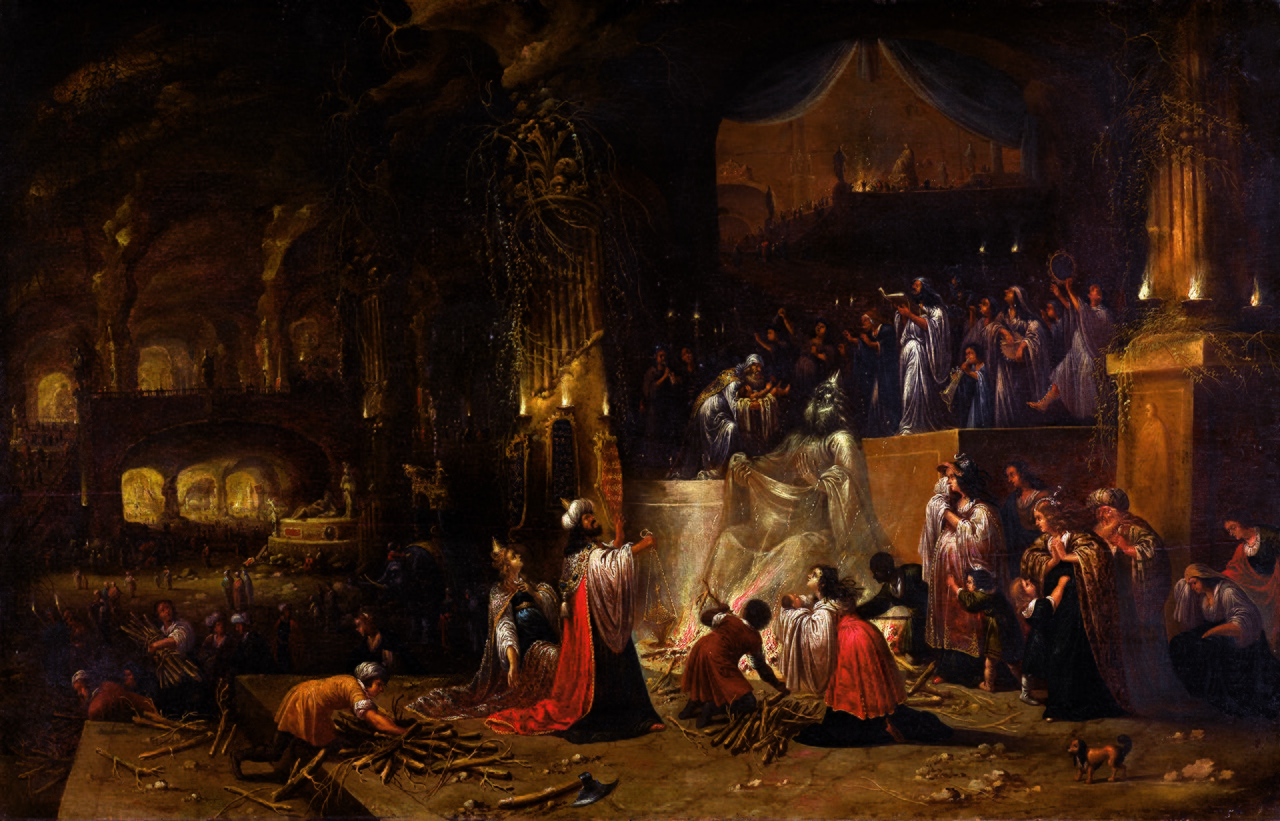 King Ahaz sacrifices his son to Moloch by Rombout van Troyen