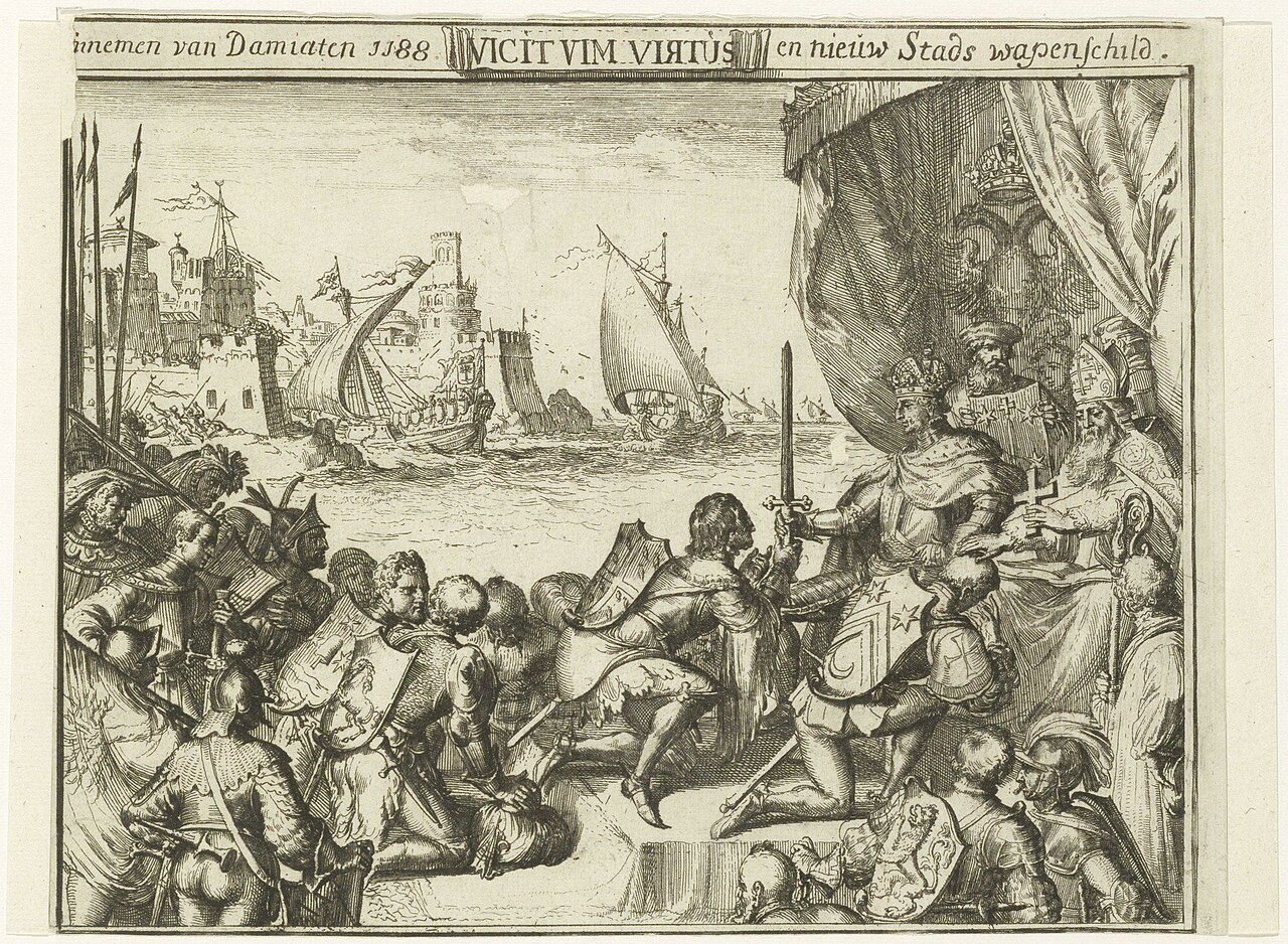 Innemen van Damiaten 1188, Vicit Vim Virtus, en nieuw Stads wapenschild by Romeyn de Hooghe