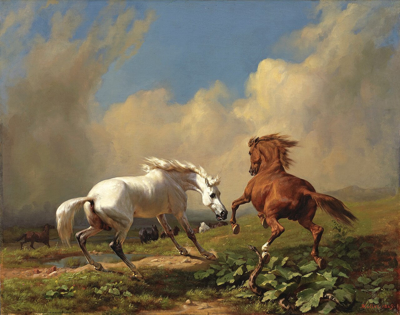 Horses balking at approaching storm by Rudolf Koller