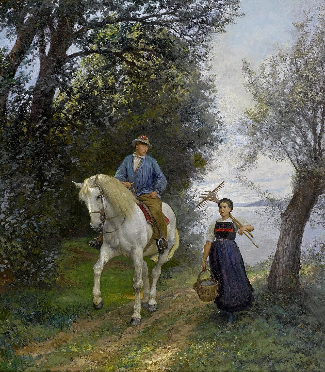 Rider and peasant woman on a lake by Rudolf Koller