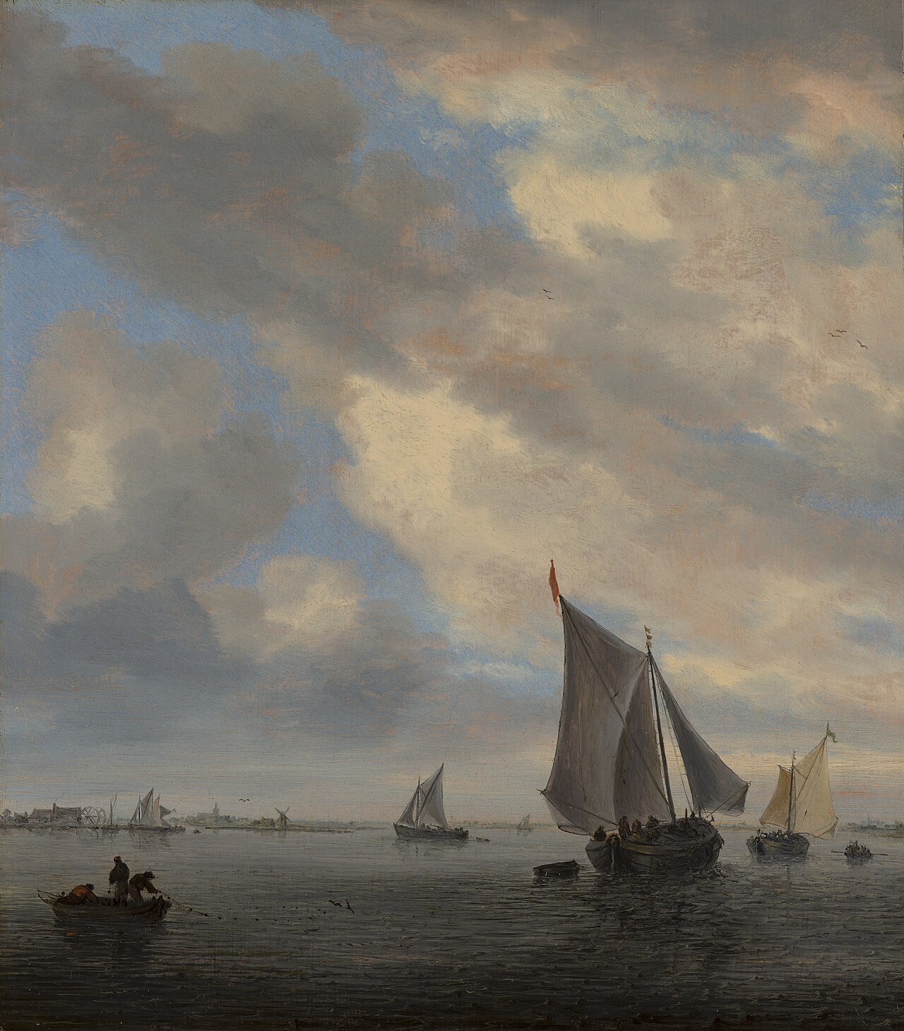 View of a lake with sailing ships by Salomon van Ruysdael