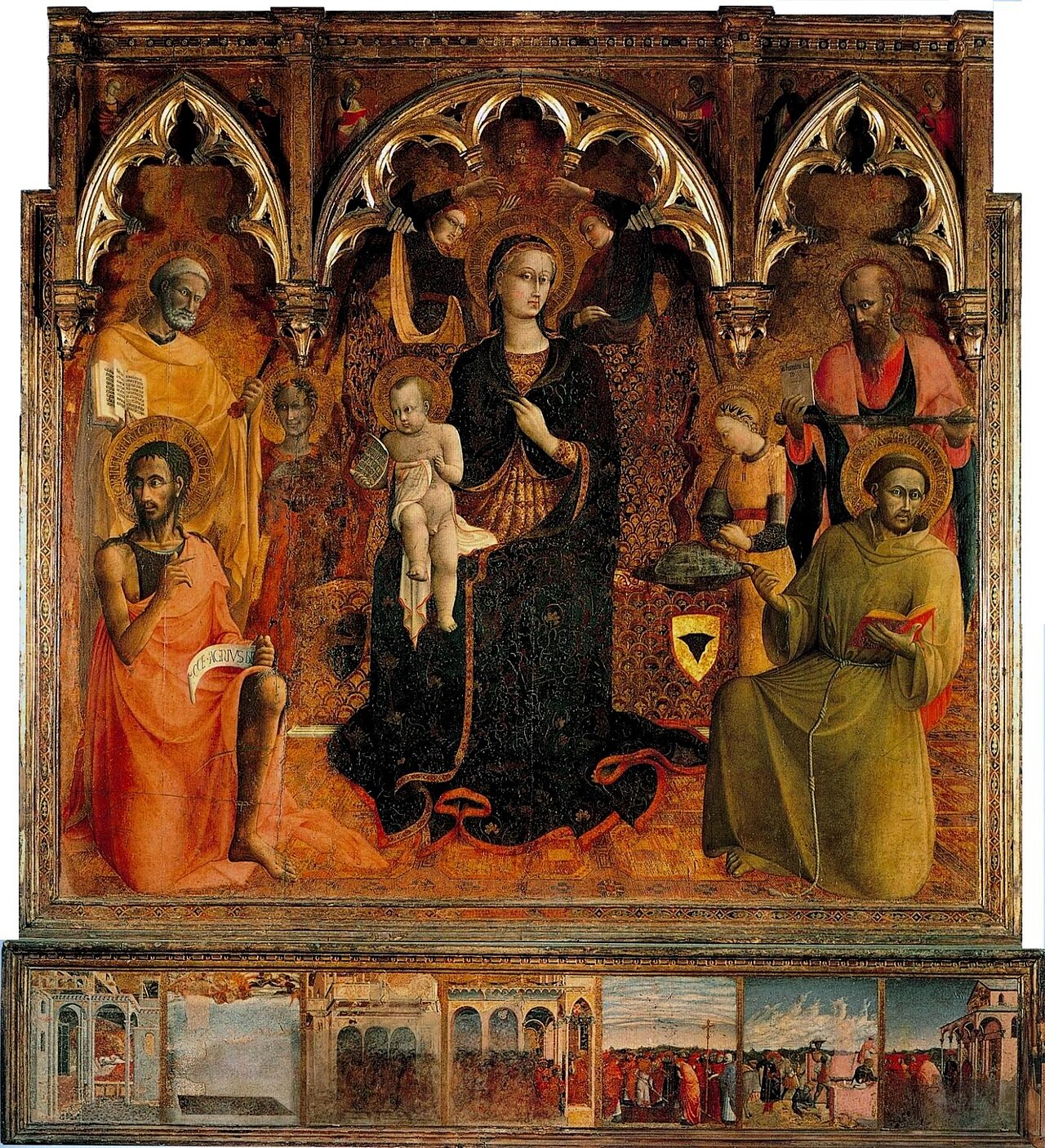 Madonna and Child with Angels, St. Peter, St. John The Baptist, St. Paul and St. Francis: The Story of the founding of the Basilica of Santa Maria Maggiore in Rome by Sassetta