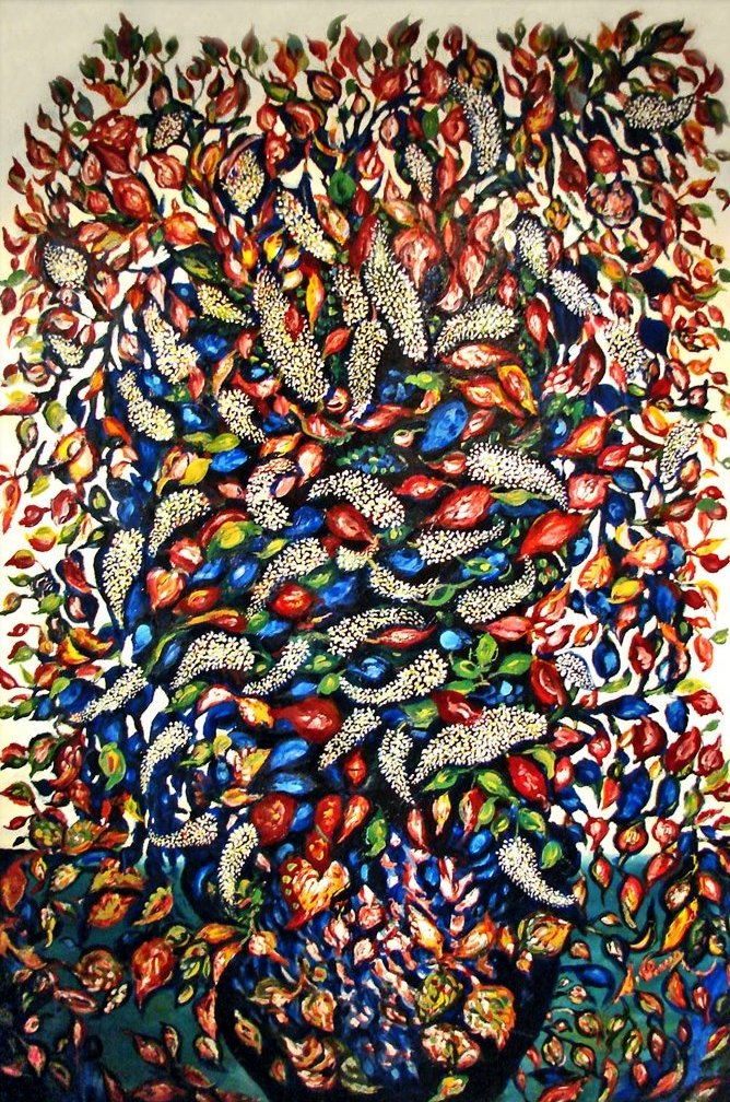 Grand Bouquet au vase noir et fond bleu by Séraphine Louis