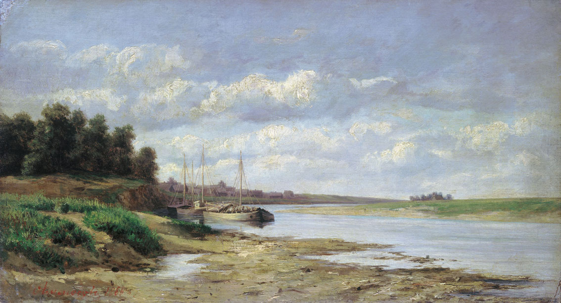 Barge on the river by Sergey Ammosov