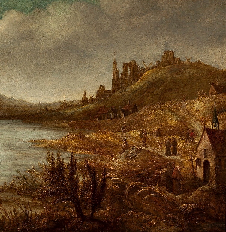 Landscape with ruins by Simon Johannes van Douw