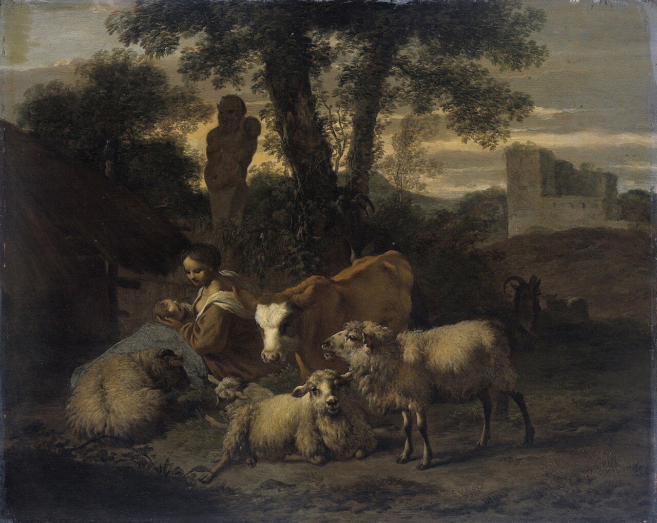 Italian landscape with sheperdess and flocks by Simon van der Does