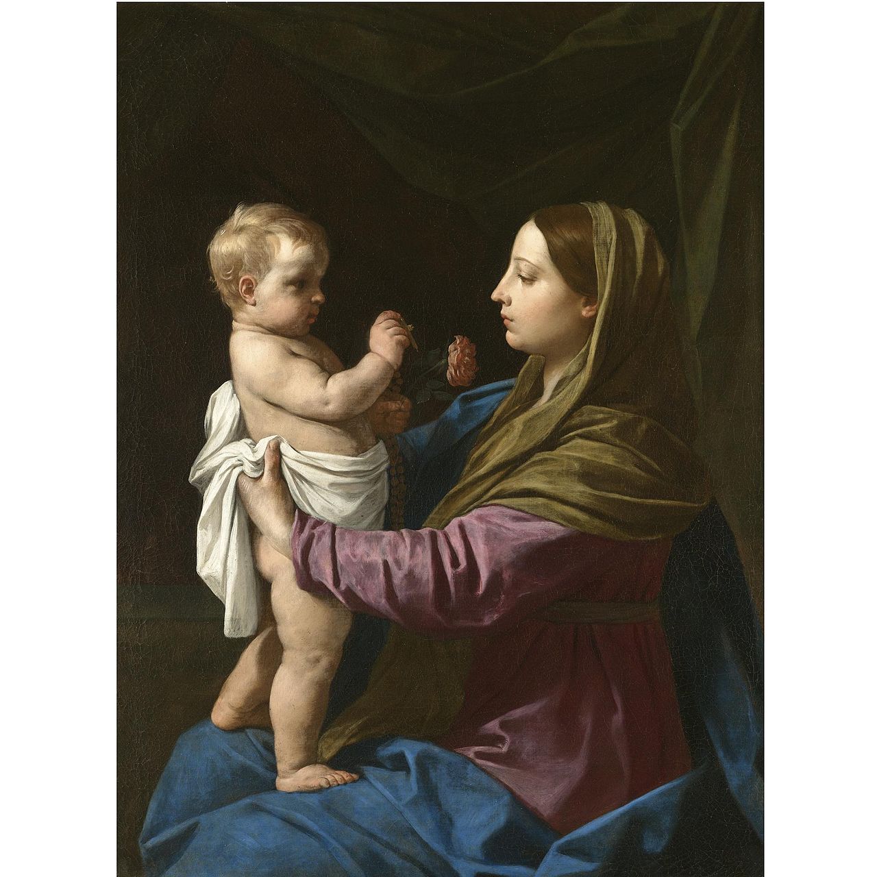 The Madonna and Child Holding A Rosary Crucifix and a Rose (Madonna Della Rosa) by Simone Cantarini