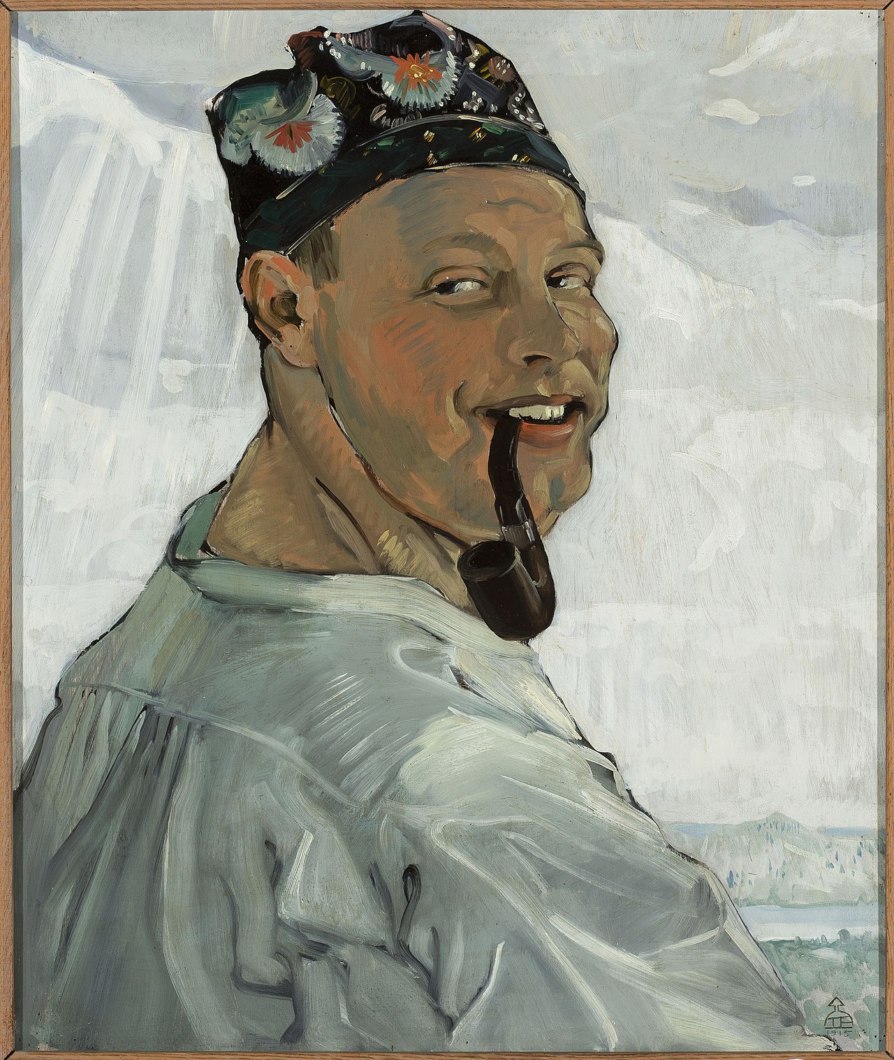 Self-portrait with a pipe. by Tadeusz Pruszkowski