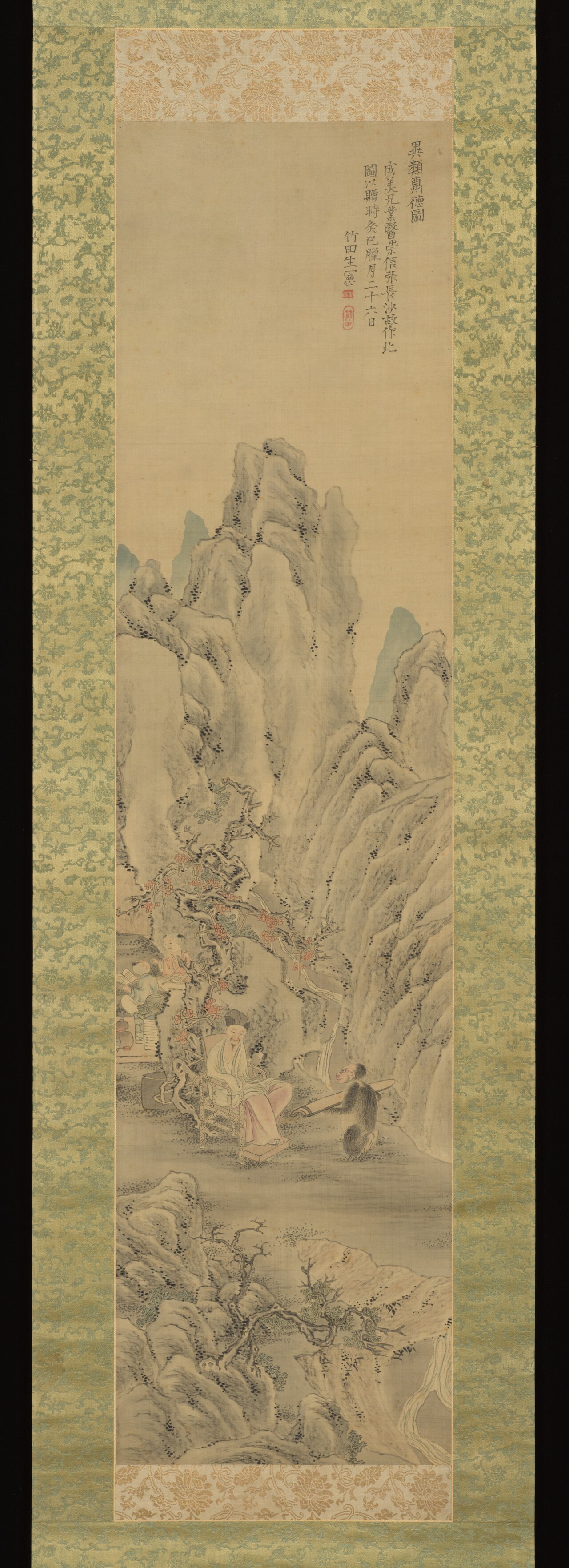 Monkey Offering a Qin to Scholar 異類酬徳図 (Irui hōtoku zu) by Tanomura Chikuden