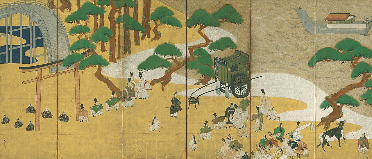 Scenes from Sekiya (The Barrier Gate) and Miotsukushi (Channel Markers) chapters of The Tale of Genji by Tawara Sōtatsu