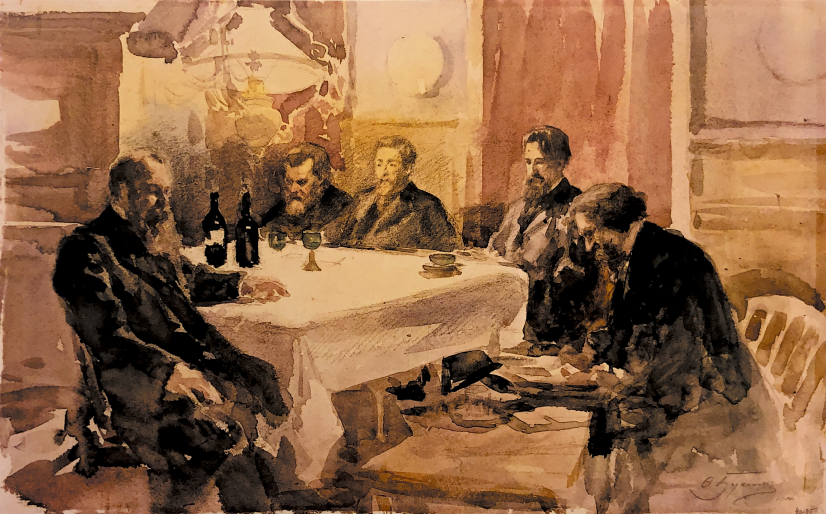 Ilya Repin and his friends at Yevgeny Cavos' apartment by Teodor Buchholz