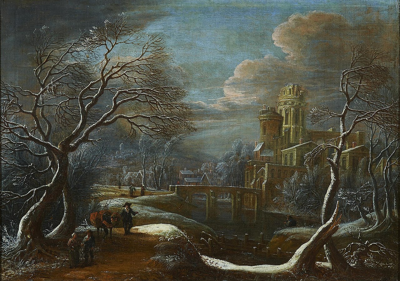 Winter landscape with travellers in the foreground, a castle beside a river beyond by Theodoor van Heil