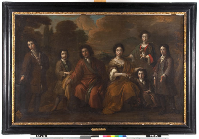 Portrait of Bastiaen Scheurleer (1660-1720), zijn vrouw Susanna Maria Husson (1662-1745) en hun vijf kinderen Hendrick (1686-1769), Floris (1692-1755), Abraham (1694-1772), Jennick (1684-1713) en Jacobus Wilhelmus (1688-1729) by Theodor van der Schuer
