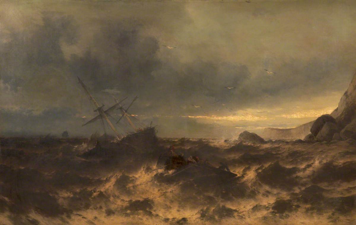 A Wreck on the English South Coast, with a Boat Going Out to Rescue Survivors by Theodore Alexander Weber