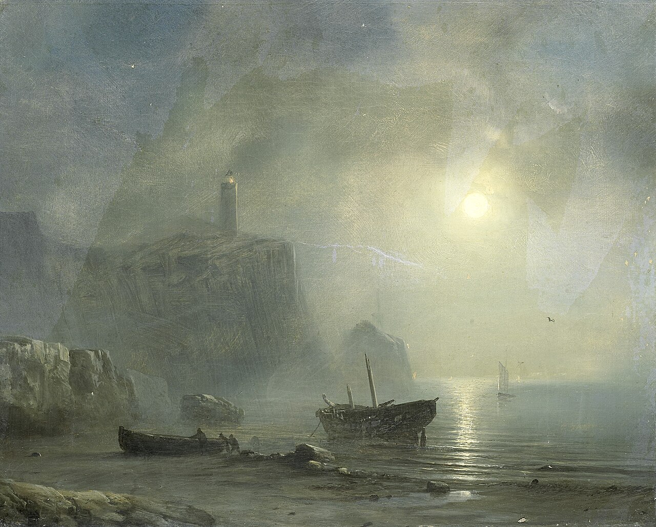 View of a Rocky Coast by Moonlight by Théodore Gudin