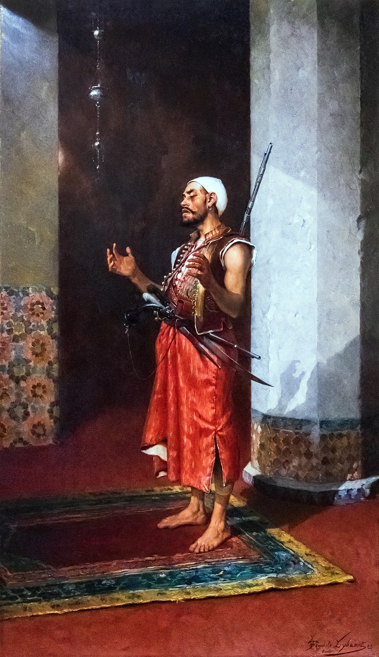 Turkish guard in prayer by Theophile Marie Francois Lybaert