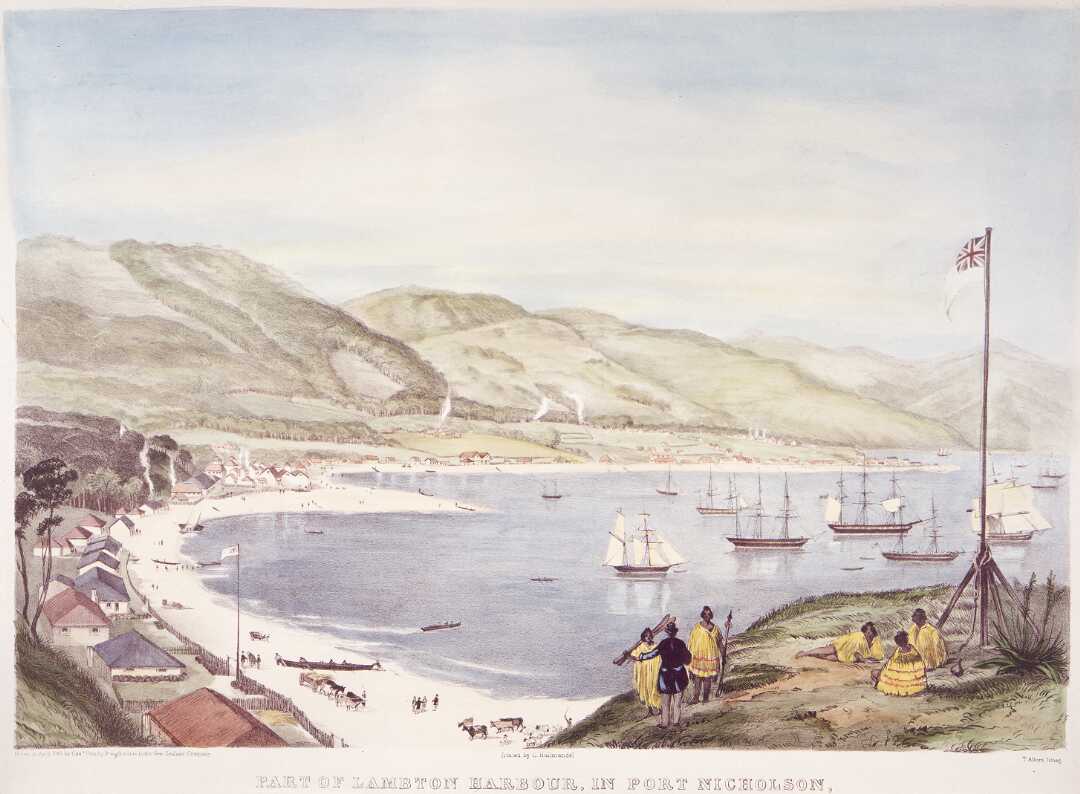 Part of Lambton Harbour, in Port Nicholson, New Zealand; comprehending about one third of the water frontage of the town of Wellington, April, 1841. by Thomas Allom