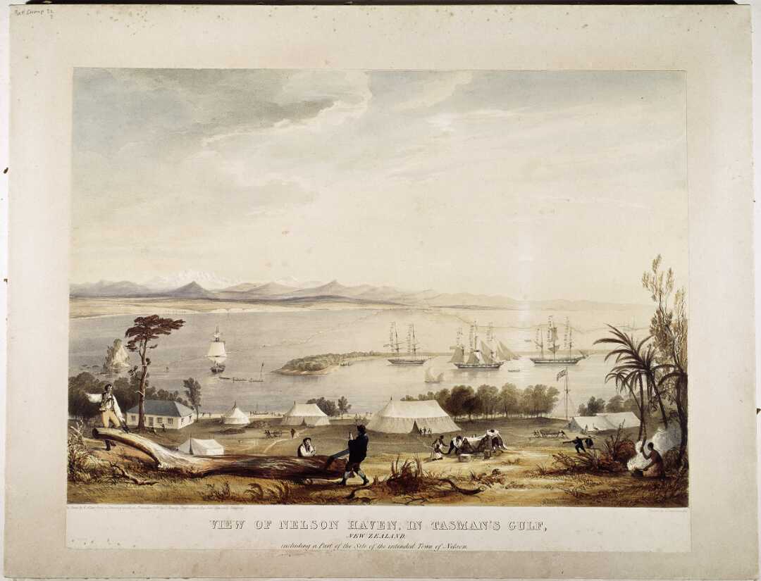 View of Nelson Haven, in Tasman's Gulf, New Zealand, including a part of the site of the intended town of Nelson. by Thomas Allom