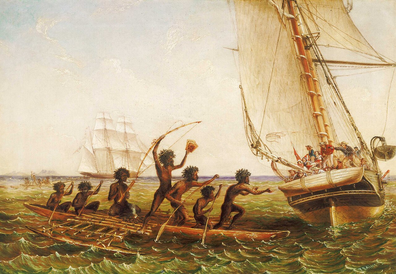 Aboriginal Canoes Communicating with the 'Monarch' and the 'Tom Tough', 28 August 1855 by Thomas Baines
