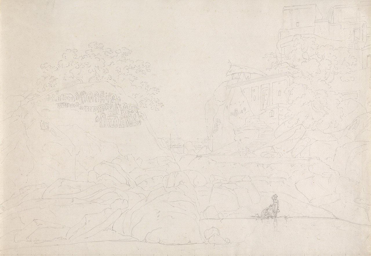 S.E. Fakeer's (Fakir's) Rock in the River Ganges near Sultaungunge by Thomas Daniell