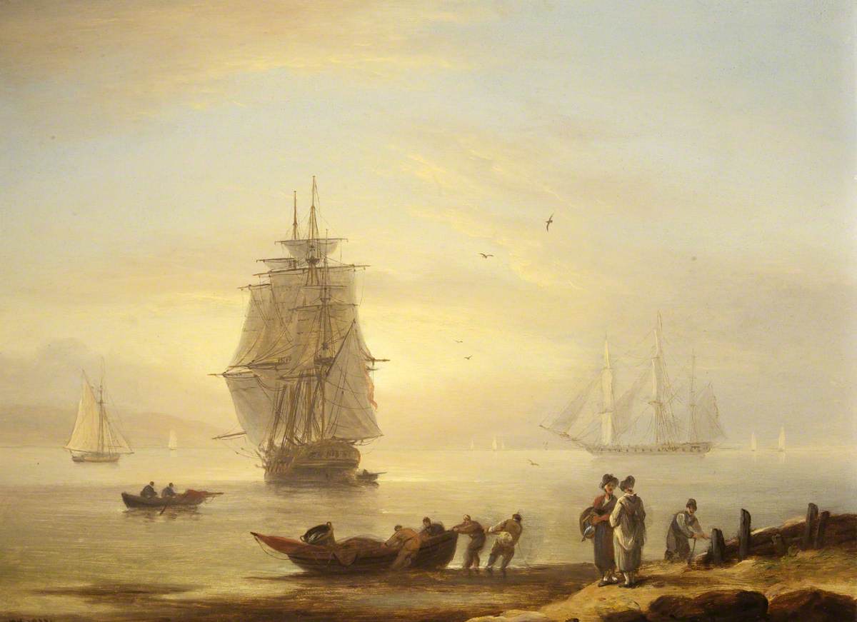 Men-o'-War and Figures on the Shore at Teignmouth by Thomas Luny