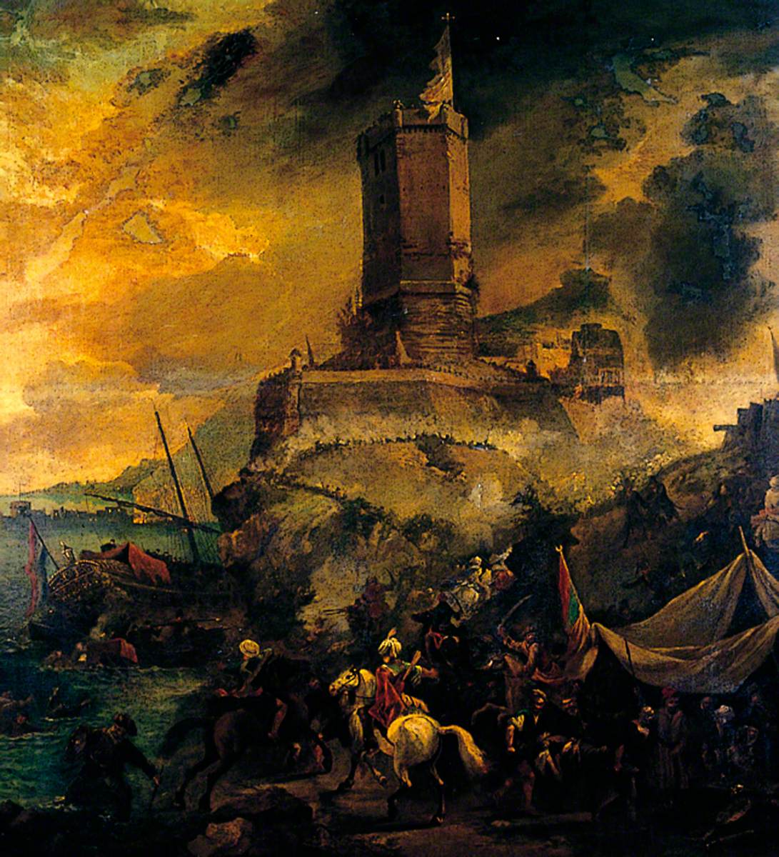 The Wreckers, Stormy Coast Scene with Tower by Thomas Wijck