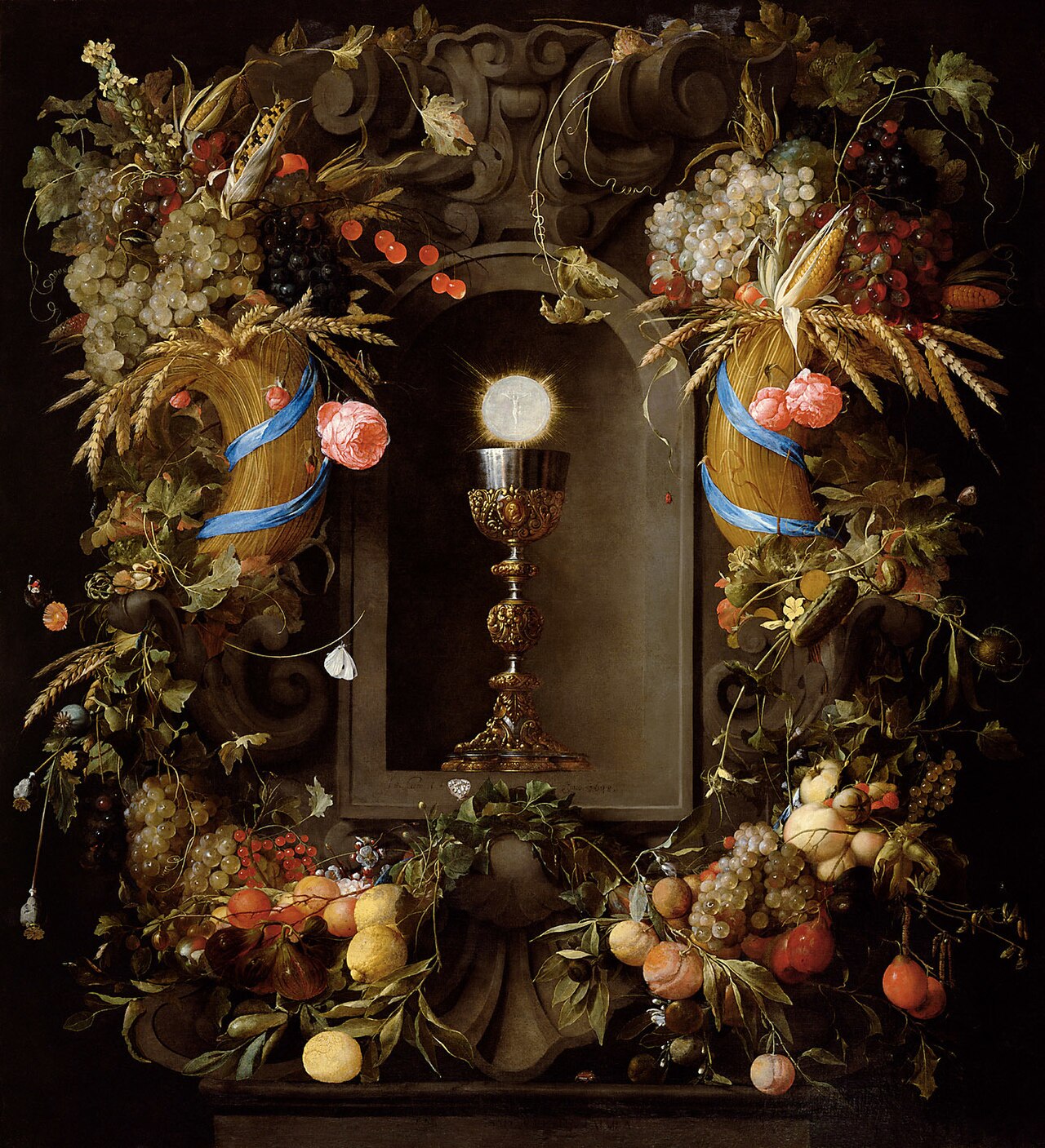 Chalice and Host in a Niche, within a Cartouche of Roses and Fruit by Thomas Willeboirts Bosschaert